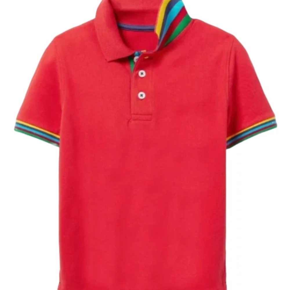 Mini Boden Pique Polo Shirt Red with rainbow trim 5-6